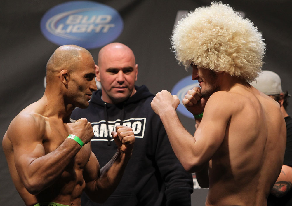 NASHVILLE, TN - JANUARY 19:  (L-R) Opponents Kamal Shalorus and Khabib Nurmagomedov face off after weighing in during the UFC on FX official weigh in at Bridgestone Arena on January 19, 2012 in Nashville, Tennessee.  (Photo by Josh Hedges/Zuffa LLC/Zuffa LLC via Getty Images)
