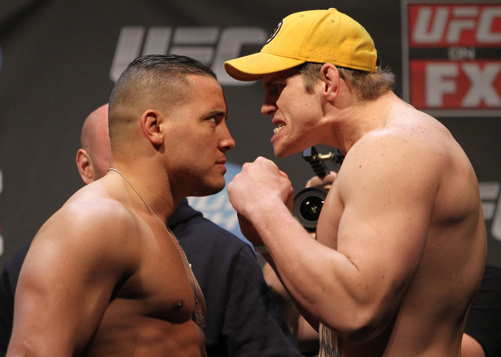 NASHVILLE, TN - JANUARY 19: (L-R) Heavyweight opponents Pat Barry and Christian Morecraft face off after weighing in during the UFC on FX official weigh in at Bridgestone Arena on January 19, 2012 in Nashville, Tennessee. (Photo by Josh Hedges/Zuffa LLC/Zuffa LLC via Getty Images)
