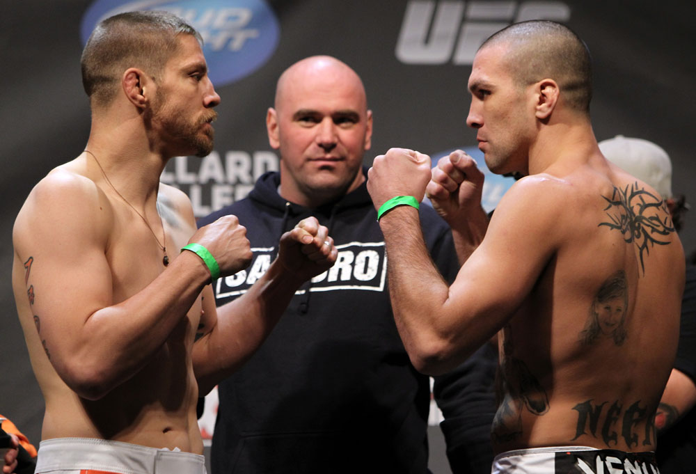 NASHVILLE, TN - JANUARY 19: (L-R) Welterweight opponents Duane Ludwig and Josh Neer face off after weighing in during the UFC on FX official weigh in at Bridgestone Arena on January 19, 2012 in Nashville, Tennessee. (Photo by Josh Hedges/Zuffa LLC/Zuffa LLC via Getty Images)