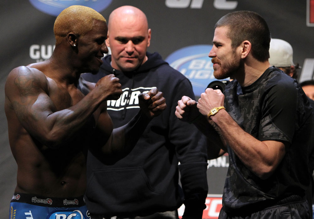 NASHVILLE, TN - JANUARY 19: (L-R) Lightweight opponents Melvin Guillard and Jim Miller face off after weighing in during the UFC on FX official weigh in at Bridgestone Arena on January 19, 2012 in Nashville, Tennessee. (Photo by Josh Hedges/Zuffa LLC/Zuffa LLC via Getty Images)