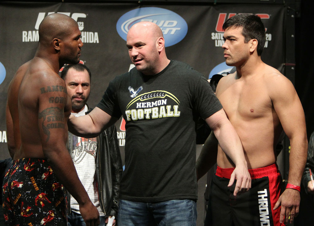 Light Heavyweight opponents Quinton "Rampage" Jackson (L) and Lyoto "The Dragon" Machida have to be separated by UFC President Dana White at the UFC 123 weigh-in at the Palace of Auburn Hills on November 19, 2010 in Auburn Hills, Michigan. (Photo by Josh Hedges/Zuffa LLC/Zu