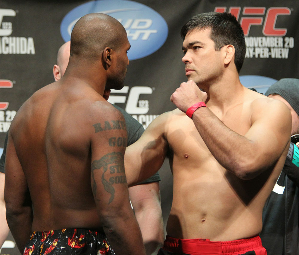 Light Heavyweight opponents Quinton "Rampage" Jackson (L) and Lyoto "The Dragon" Machida face off at the UFC 123 weigh-in at the Palace of Auburn Hills on November 19, 2010 in Auburn Hills, Michigan. (Photo by Josh Hedges/Zuffa LLC/Zuffa LLC via Getty Images)
