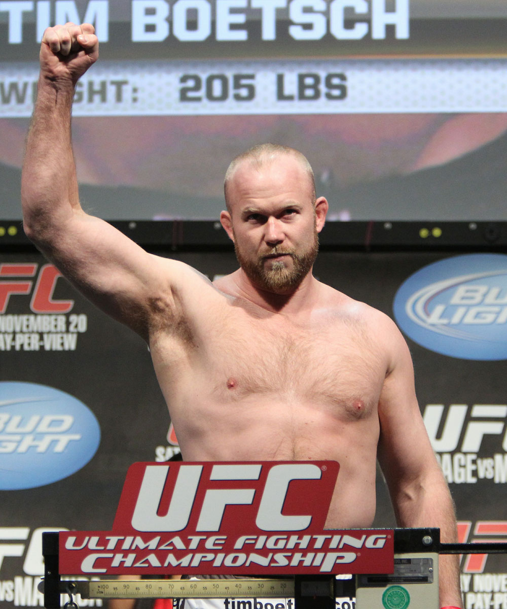 Tim "The Barbarian" Boetsch weighs in at 205 lbs at the UFC 123 weigh-in at the Palace of Auburn Hills on November 19, 2010 in Auburn Hills, Michigan. (Photo by Josh Hedges/Zuffa LLC/Zuffa LLC via Getty Images)