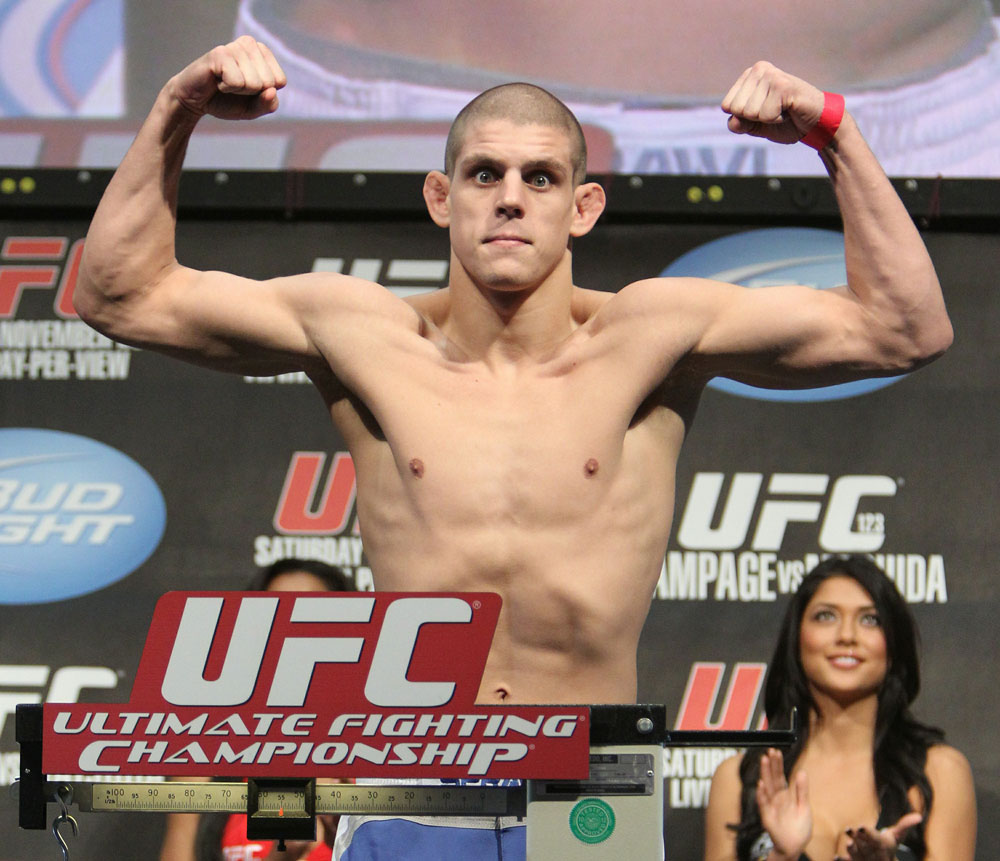 Joe Lauzon weighs in at 155 lbs at the UFC 123 weigh-in at the Palace of Auburn Hills on November 19, 2010 in Auburn Hills, Michigan. (Photo by Josh Hedges/Zuffa LLC/Zuffa LLC via Getty Images)