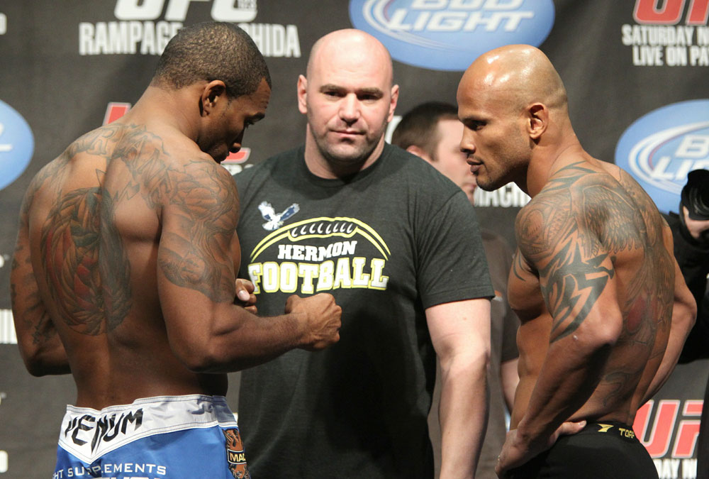 Middleweight opponents Gerald Harris (L) and Maiquel Falcao (R) face off as UFC President Dana White looks on at the UFC 123 weigh-in at the Palace of Auburn Hills on November 19, 2010 in Auburn Hills, Michigan.  (Photo by Josh Hedges/Zuffa LLC/Zuffa LLC via Getty Images)