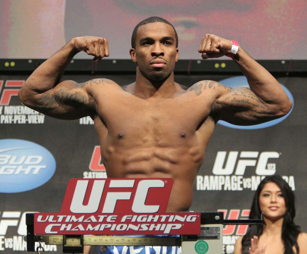 Gerald Harris weighs in at 185 lbs at the UFC 123 weigh-in at the Palace of Auburn Hills on November 19, 2010 in Auburn Hills, Michigan.  (Photo by Josh Hedges/Zuffa LLC/Zuffa LLC via Getty Images)