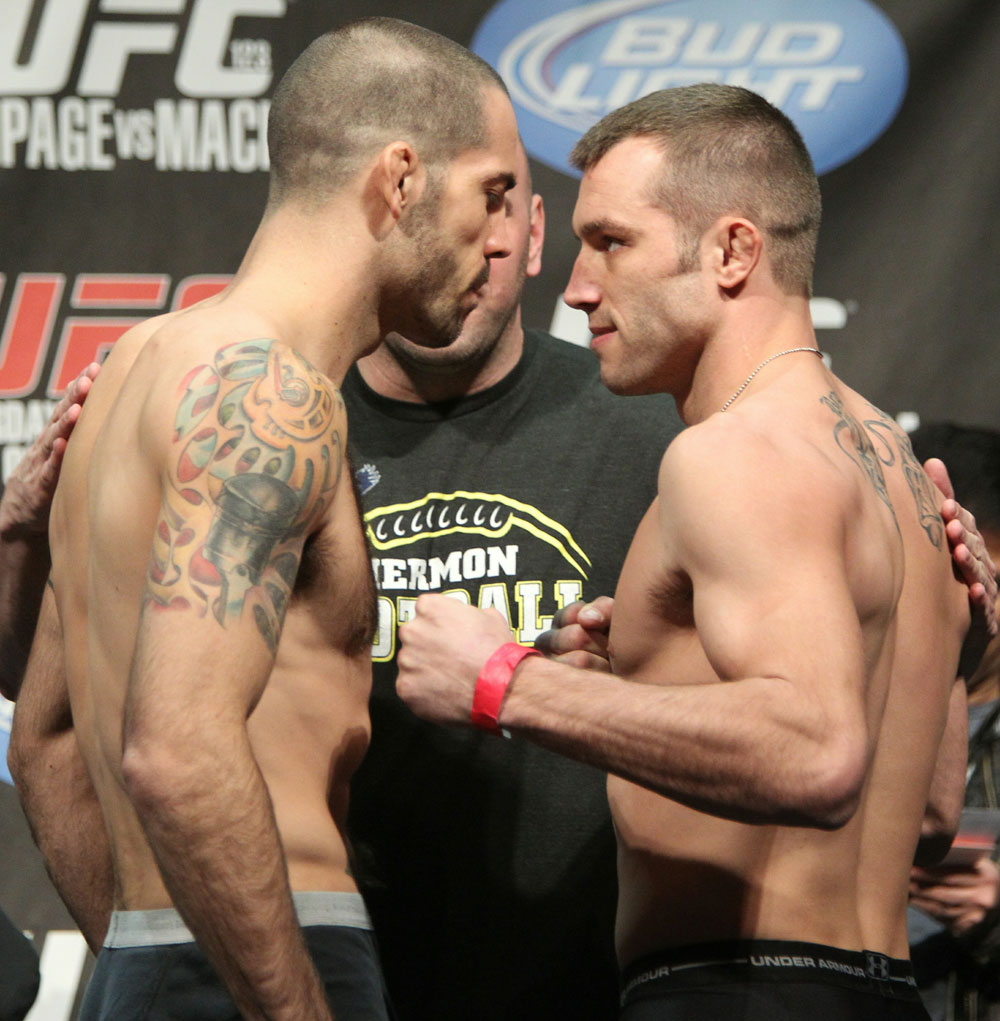 Welterweight opponents Matt Brown (L) and Brian Foster (R) face off at the UFC 123 weigh-in at the Palace of Auburn Hills on November 19, 2010 in Auburn Hills, Michigan. (Photo by Josh Hedges/Zuffa LLC/Zuffa LLC via Getty Images)