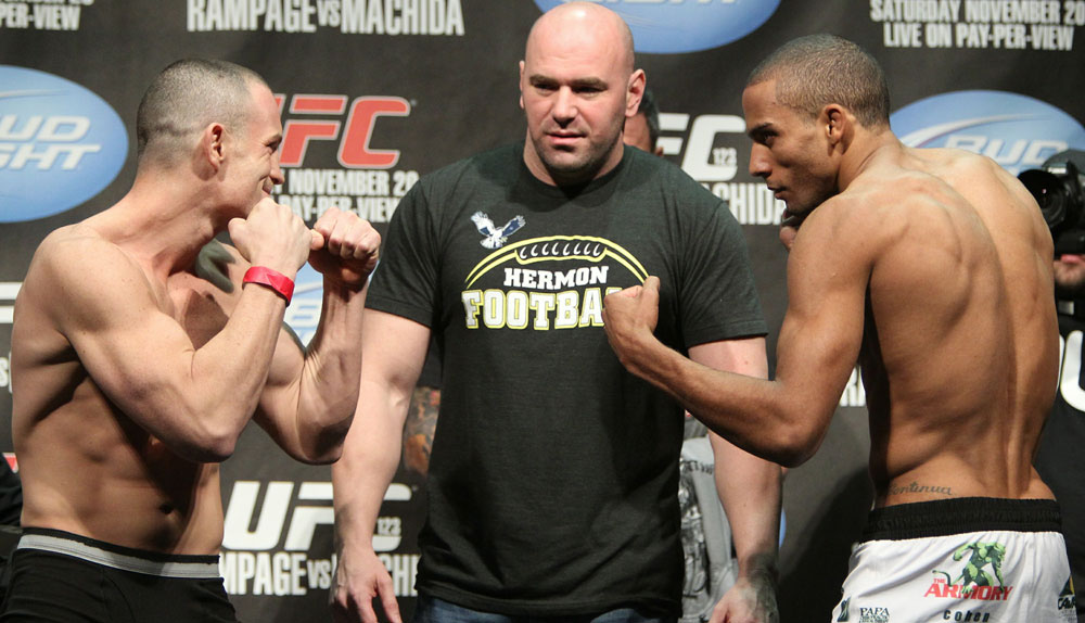 Lightweight opponents Mike Lullo (L) and Edson Barboza (R) face off as UFC President Dana White looks on at the UFC 123 weigh-in at the Palace of Auburn Hills on November 19, 2010 in Auburn Hills, Michigan. (Photo by Josh Hedges/Zuffa LLC/Zuffa LLC via Getty Images)