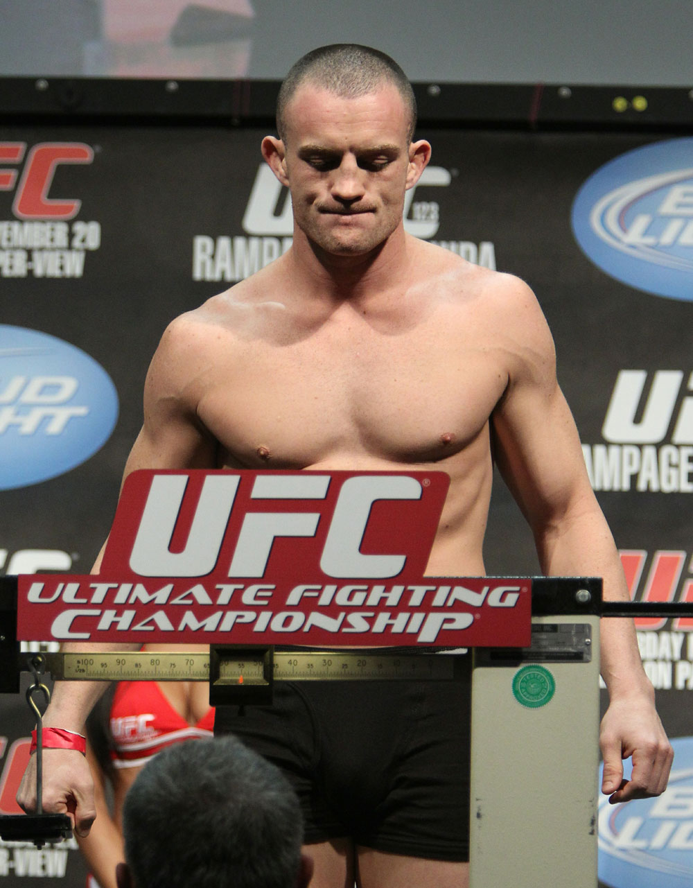 Mike Lullo weighs in at 155 lbs at the UFC 123 weigh-in at the Palace of Auburn Hills on November 19, 2010 in Auburn Hills, Michigan. (Photo by Josh Hedges/Zuffa LLC/Zuffa LLC via Getty Images)