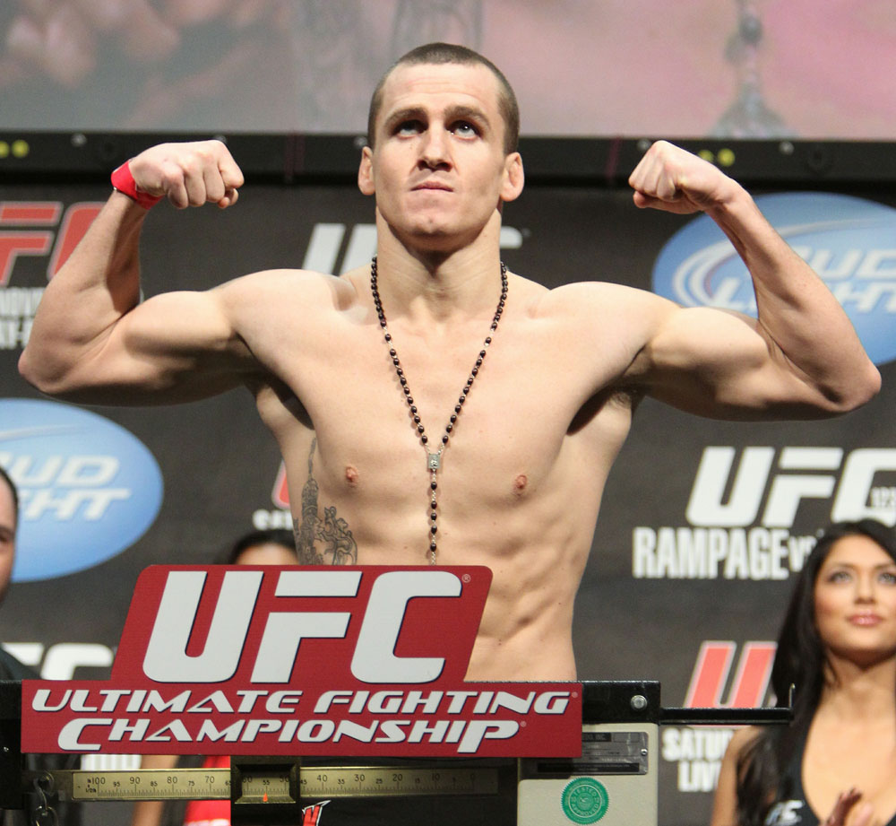 Paul Kelly weighs in at 155 lbs at the UFC 123 weigh-in at the Palace of Auburn Hills on November 19, 2010 in Auburn Hills, Michigan. (Photo by Josh Hedges/Zuffa LLC/Zuffa LLC via Getty Images)