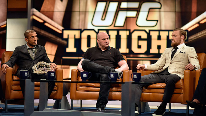 Aldo (left), White & McGregor on set of UFC Tonight in L.A.