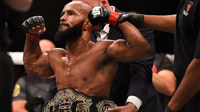 Demetrious Johnson reacts after his victory over John Dodson in their flyweight championship bout during the UFC 191 event inside MGM Grand Garden Arena on September 5, 2015 in Las Vegas, Nevada. (Photo by Jeff Bottari/Zuffa LLC)