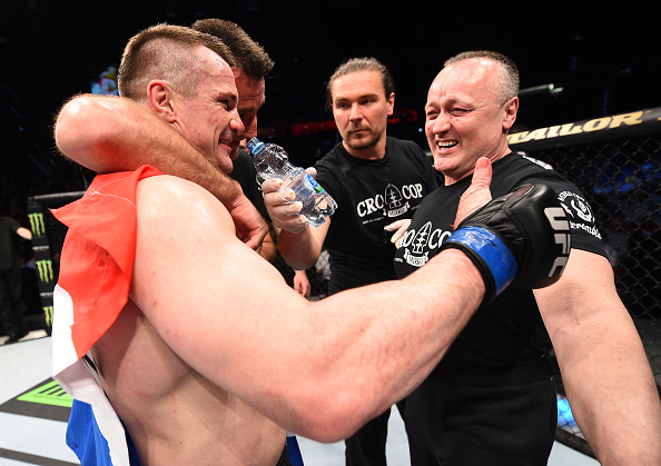 KRAKOW, POLAND - APRIL 11: Mirko Cro Cop of Croatia celebrates after his TKO victory over Gabriel Gonzaga of Brazil in their heavyweight fight during the UFC Fight Night event at the Tauron Arena on April 11, 2015 in Krakow, Poland. (Photo by Jeff Bottari/Zuffa LLC/Zuffa LLC via Getty Images)