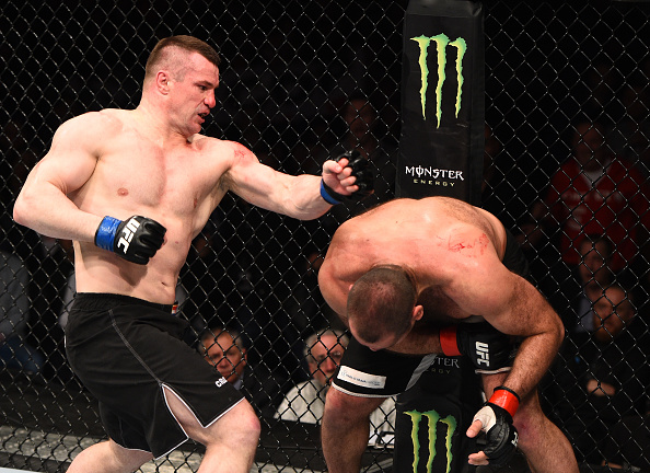 KRAKOW, POLAND - APRIL 11: (L-R) Mirko Cro Cop of Croatia punches Gabriel Gonzaga of Brazil in their heavyweight fight during the UFC Fight Night event at the Tauron Arena on April 11, 2015 in Krakow, Poland. (Photo by Jeff Bottari/Zuffa LLC/Zuffa LLC via Getty Images)