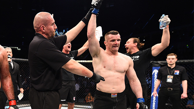 KRAKOW, POLAND - APRIL 11: Mirko Cro Cop of Croatia celebrates after his TKO victory over Gabriel Gonzaga of Brazil in their heavyweight fight during the UFC Fight Night event at the Tauron Arena on April 11, 2015 in Krakow, Poland. (Photo by Jeff Bottari/Zuffa LLC/Zuffa LLC via Getty Images)
