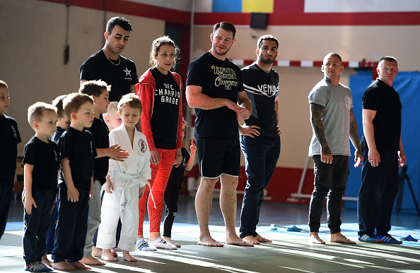 KRAKOW, POLAND - APRIL 09: UFC fighters interact with students during a training demonstration session at the Hajime Krakow Jiu-Jitsu School on April 9, 2015 in Krakow, Poland. (Photo by Jeff Bottari/Zuffa LLC/Zuffa LLC via Getty Images)