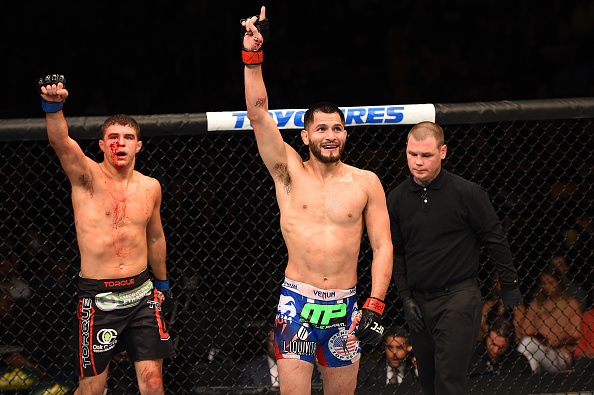 FAIRFAX, VA - APRIL 04: (R-L) Jorge Masvidal and Al Iaquinta react immediately following their lightweight fight during the UFC Fight Night event at the Patriot Center on April 4, 2015 in Fairfax, Virginia. (Photo by Josh Hedges/Zuffa LLC/Zuffa LLC via Getty Images)