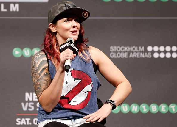 STOCKHOLM, SWEDEN - OCTOBER 03: UFC strawweight contender Joanne Calderwood of Scotland interacts with fans during a Q&A session before the UFC weigh-in at the Ericsson Globe Arena on October 3, 2014 in Stockholm, Sweden. (Photo by Josh Hedges/Zuffa LLC/Zuffa LLC)