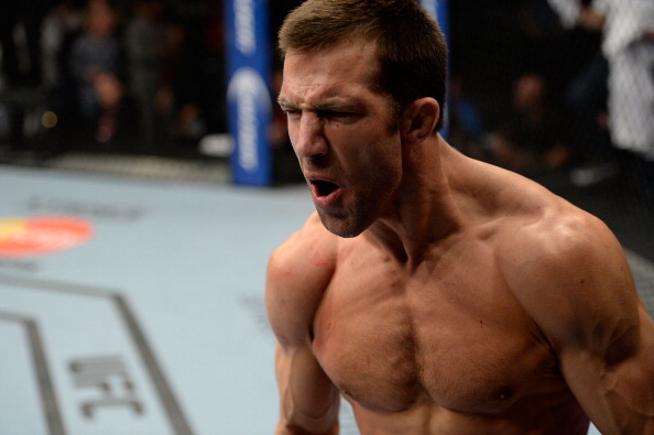 DULUTH, GA - JANUARY 15: Luke Rockhold reacts after his TKO victory over Costas Philippou in their middleweight fight during the UFC Fight Night event inside The Arena at Gwinnett Center on January 15, 2014 in Duluth, Georgia. (Photo by Jeff Bottari/Zuffa LLC/Zuffa LLC via Getty Images)