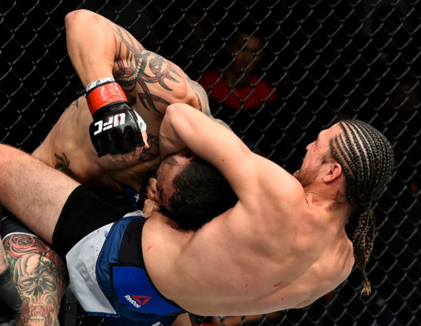 Brian Ortega attempts to submit Cub Swanson during the UFC Fight Night on December 9, 2017 in Fresno, CA. (Photo by Jeff Bottari/Zuffa LLC)