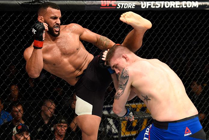 KANSAS CITY, MO - APRIL 15: (L-R) Devin Clark kicks Jake Collier in their light heavyweight fight during the UFC Fight Night event at Sprint Center on April 15, 2017 in Kansas City, Missouri. (Photo by Josh Hedges/Zuffa LLC/Zuffa LLC via Getty Images)
