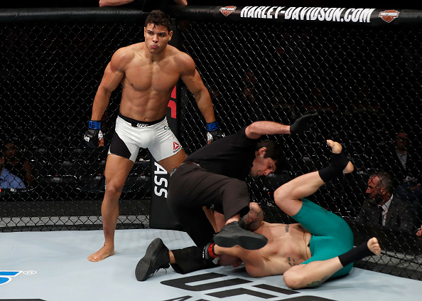 Paulo Borrachinha of Brazil celebrates his TKO victory over Garreth McLellan in their middleweight bout in March of 2017
