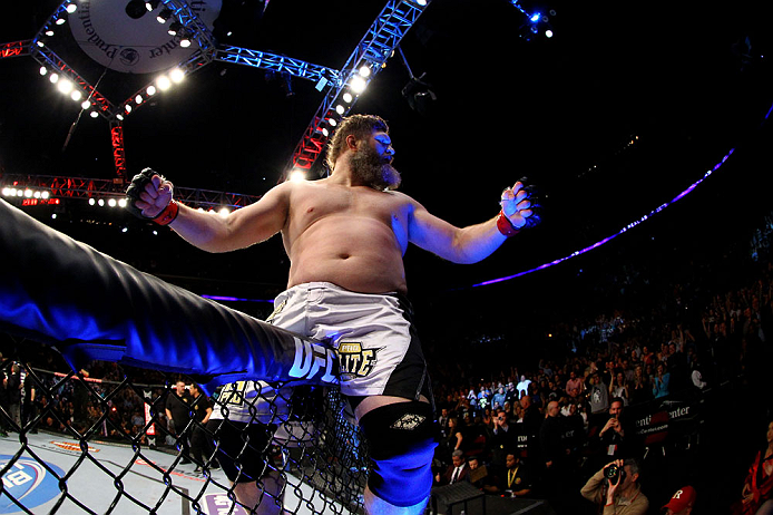 Roy Nelson celebrates his win by knockout against Cheick Kongo of